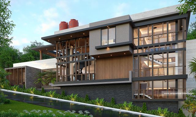 Desain Tampak Samping Kiri Villa Modern 3 Lantai Bapak RTO dan Ibu HN di Bogor