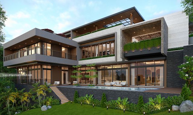 Desain Tampak Samping Kanan Villa Modern 3 Lantai Bapak RTO dan Ibu HN di Bogor