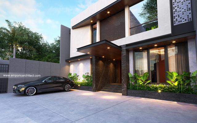 Desain Tampak Detail Depan Villa Modern 3 Lantai Ibu Nurul di Bogor