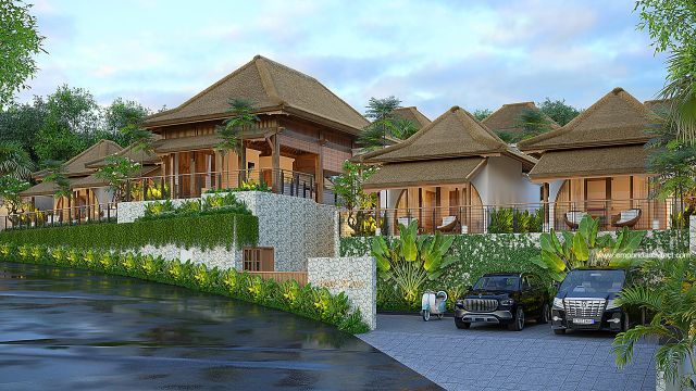 Desain Tampak Depan Kanan Villa Style Villa Bali Tropis 2 Lantai Bapak CHD di Uluwatu, Bali