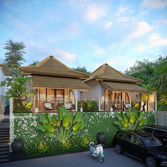 Desain Tampak Depan Kiri Villa B Style Villa Bali Tropis 2 Lantai Bapak CHD di Uluwatu, Bali