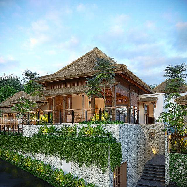 Desain Tampak Depan Kanan Lobby & Pool Villa Style Villa Bali Tropis 2 Lantai Bapak CHD di Uluwatu, Bali