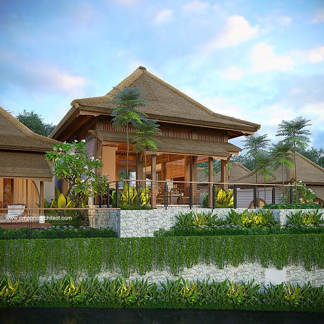 Desain Tampak Depan Kiri Lobby & Pool Villa Style Villa Bali Tropis 2 Lantai Bapak CHD di Uluwatu, Bali