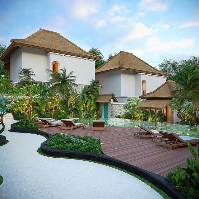 Desain Tampak Belakang Lobby & Pool Villa Style Villa Bali Tropis 2 Lantai Bapak CHD di Uluwatu, Bali