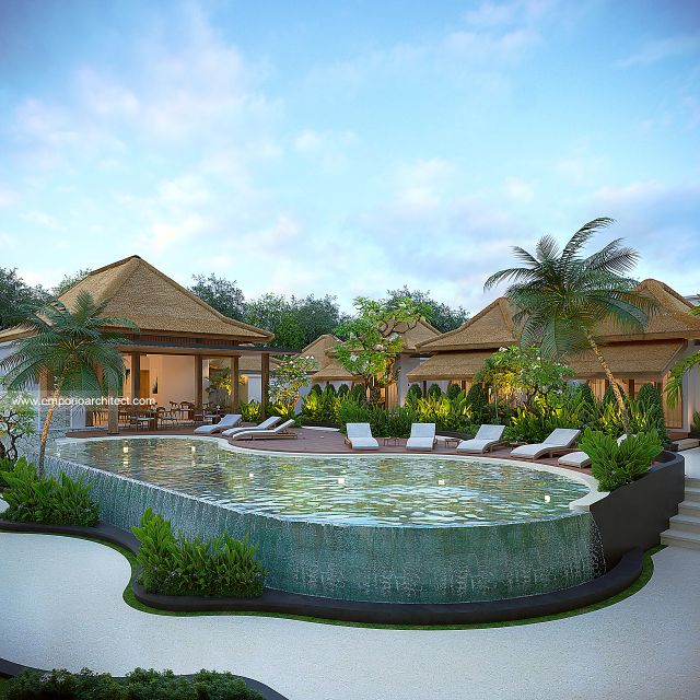 Desain Tampak Detail Belakang Lobby & Pool Villa Style Villa Bali Tropis 2 Lantai Bapak CHD di Uluwatu, Bali