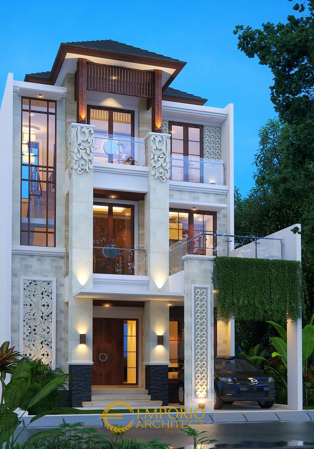 Desain Tampak Depan Rumah Villa Bali 3 Lantai Ibu Sri di Batam