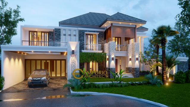 Desain Tampak Depan Rumah Villa Bali 2 Lantai Bapak Budi di Bekasi