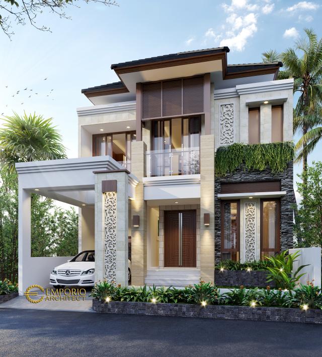 Desain Tampak Depan Rumah Villa Bali 2 Lantai Bapak Indra di Bintaro, Tangerang Selatan, Banten