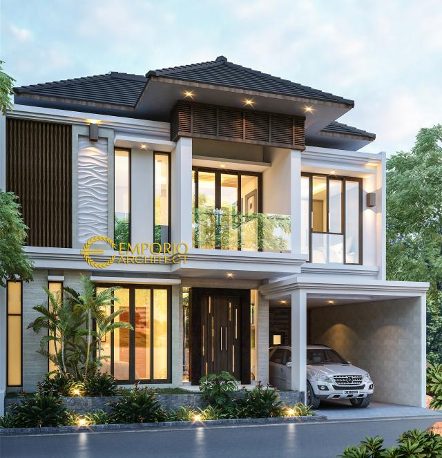 Desain Tampak Depan Rumah Villa Bali 2 Lantai Bapak Rico di Bogor