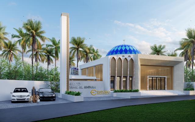 Desain Tampak Depan 2 Masjid Modern 1 Lantai Jamie Al Minah di Cikarang, Bekasi, Jawa Barat