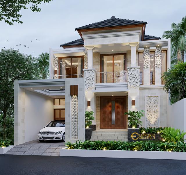 Desain Tampak Depan Rumah Villa Bali 2 Lantai Ibu Lusi di Cikarang, Bekasi