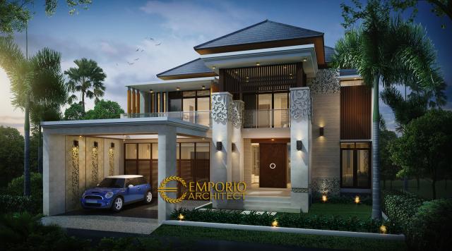 Desain Tampak Depan Tanpa Pagar Rumah Villa Bali 2 Lantai Bapak Budi di Malang, Jawa Timur