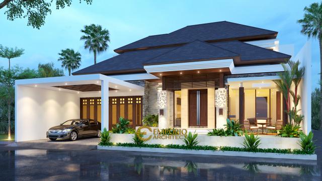 Desain Tampak Depan Tanpa Pagar Rumah Villa Bali 2 Lantai Bapak Doni di Bogor