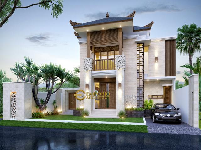 Desain Tampak Depan Tanpa Pagar Rumah Villa Bali 2 Lantai Ibu Fitri di Bandung