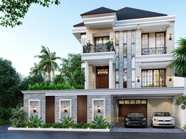 Desain Tampak Depan Rumah Hook Classic 2.5 Lantai Ibu Diaz di Jakarta