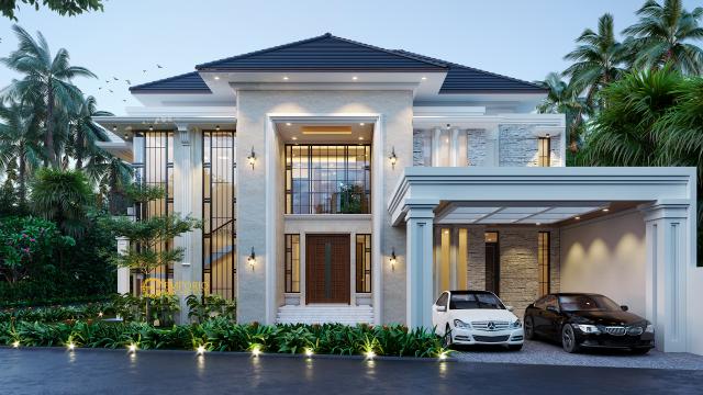 Desain Tampak Depan Rumah Hook Classic Tropis 2 Lantai Ibu Indah di Jakarta