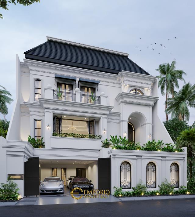 Desain Tampak Depan Rumah Mediteran 3 Lantai Ibu Widyana di Jakarta