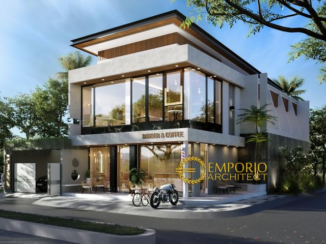 Desain Tampak Samping Rumah Kost, Barber & Coffee Shop Modern 2 Lantai Bapak Deni di Karawang, Jawa Barat