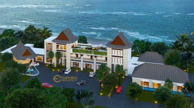 Desain Tampak Depan 2 Mess VIP dan Kantin Style Villa Bali 3 Lantai PT ANTAM Tbk di Maluku