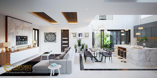 Desain Ruang Keluarga, Ruang Makan dan Dapur Rumah Modern 2 Lantai Bapak Ivan di Palembang