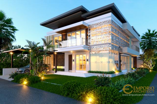 Desain Tampak Depan Rumah Hook Modern 2 Lantai Ibu Indi di Palembang