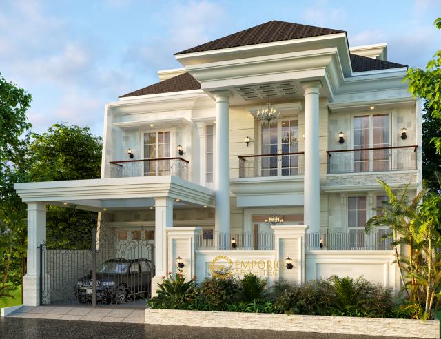 Desain Tampak Depan Rumah Classic 3 Lantai Bapak Sinaga di Pekanbaru, Riau