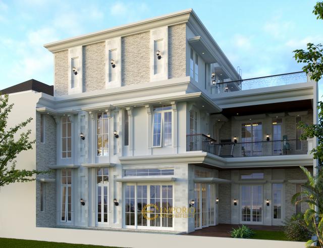 Desain Tampak Belakang Rumah Classic 3 Lantai Bapak Sinaga di Pekanbaru, Riau