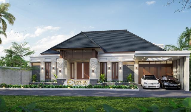 Desain Tampak Depan Rumah Villa Bali 1.5 Lantai Bapak Erik di Pekanbaru, Riau