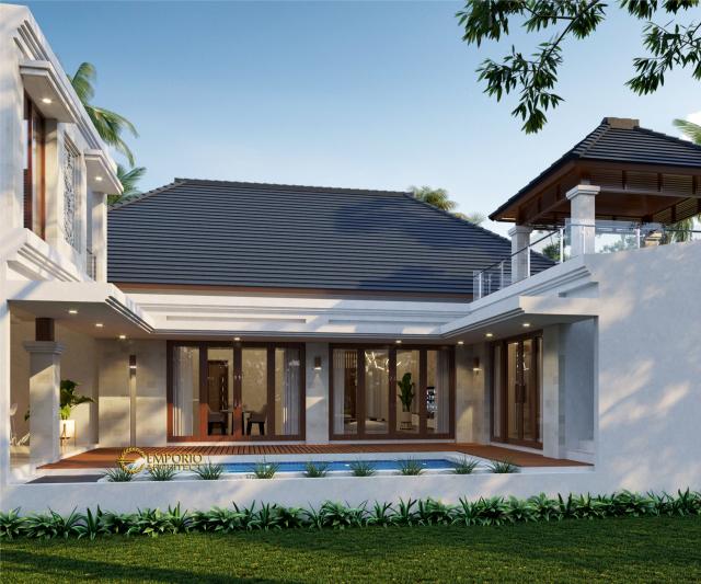 Desain Tampak Belakang Rumah Villa Bali 1.5 Lantai Bapak Erik di Pekanbaru, Riau