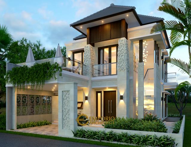 Desain Tampak Depan Rumah Villa Bali 2 Lantai Bapak Setiawan di Puncak, Bogor