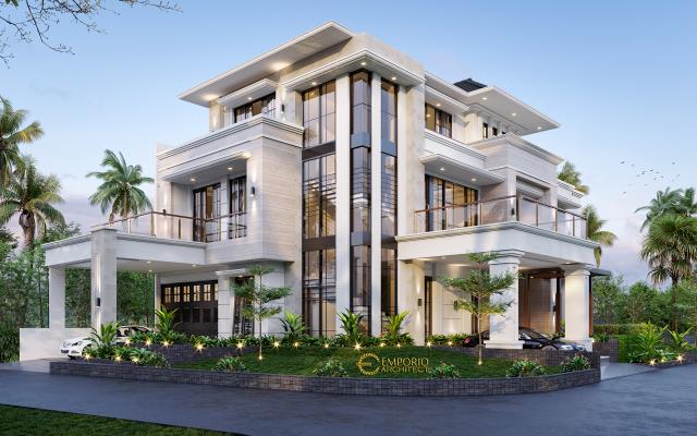 Desain Tampak Depan Tanpa Pagar Rumah Classic 3 Lantai Bapak Herry di Tangerang, Banten